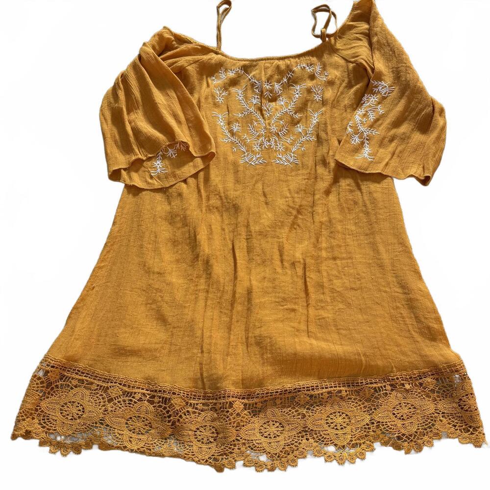 J.GEE Boho Mustard Yellow Embroidered top, crocheted bottom Dress SZ Petite M
